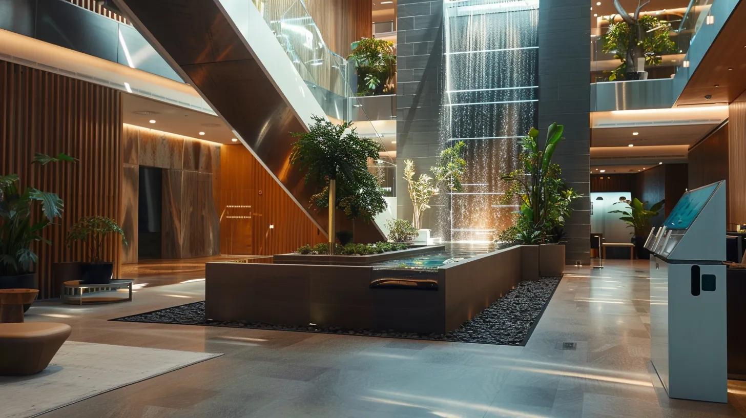 a sleek urban office interior showcases innovative water feature maintenance technology, highlighting integrated sensor monitoring systems and energy-efficient, eco-friendly design elements against a backdrop of modern architecture and warm ambient lighting.