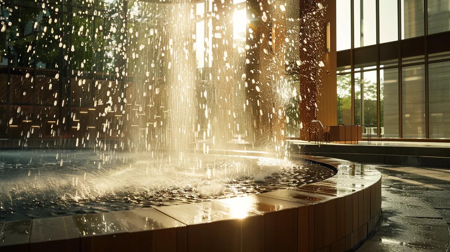 Elegant Custom Water Features Available in Montoursville PA 2 a striking indoor scene capturing a meticulously designed custom water feature integrated into a modern architectural space, showcasing precise laser-guided installation with dynamic lighting illuminating the flowing water, emphasizing the harmonious blend of engineering and artistic vision.
