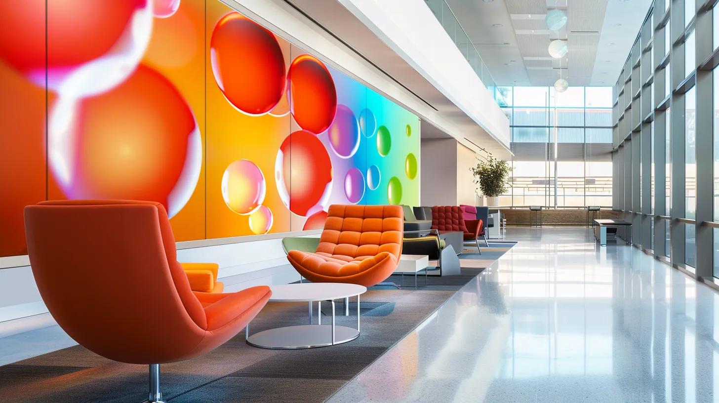 a striking office wall features a vibrant, oversized bubble graphic, its glossy surface reflecting the overhead lighting and creating a dynamic focal point that contrasts sharply with the sleek, minimalist decor surrounding it.