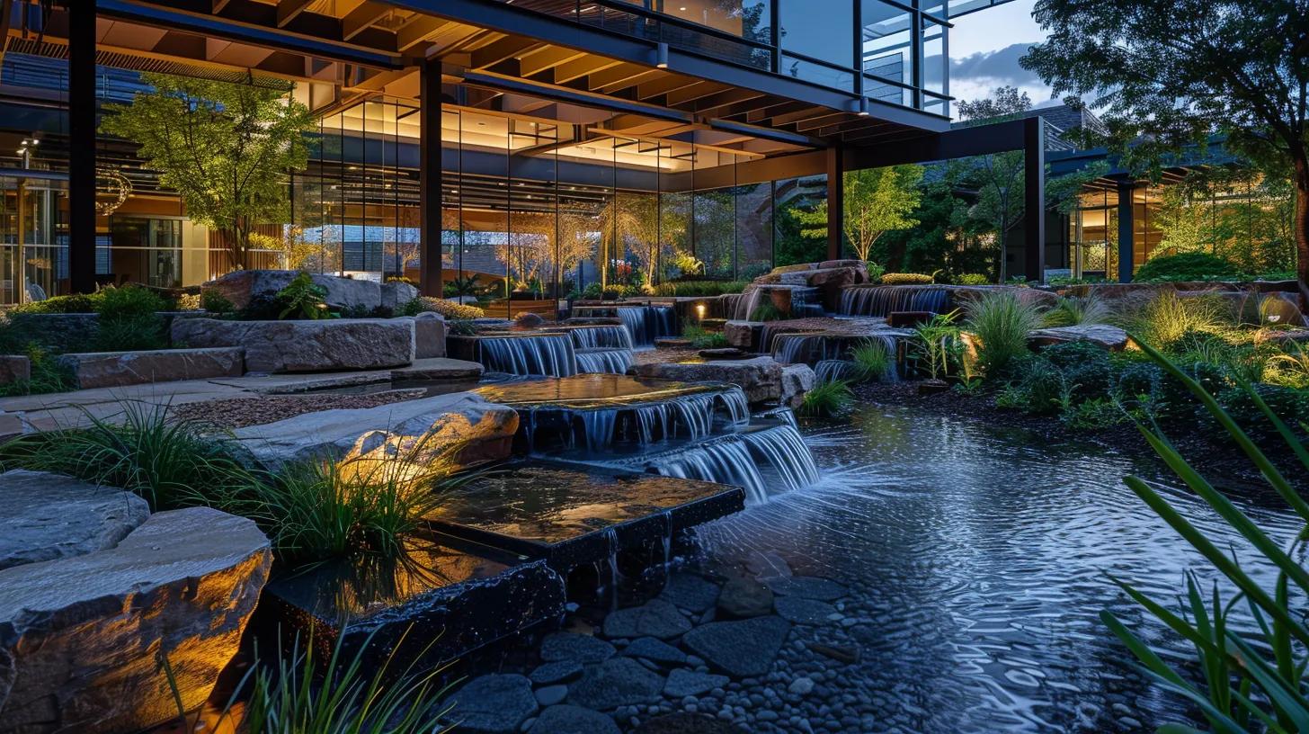 a stunning custom outdoor water feature showcases cascading waterfalls and reflective ponds, elegantly lit to highlight the sleek integration of glass, stone, and metal accents, all designed within a sophisticated urban garden space.