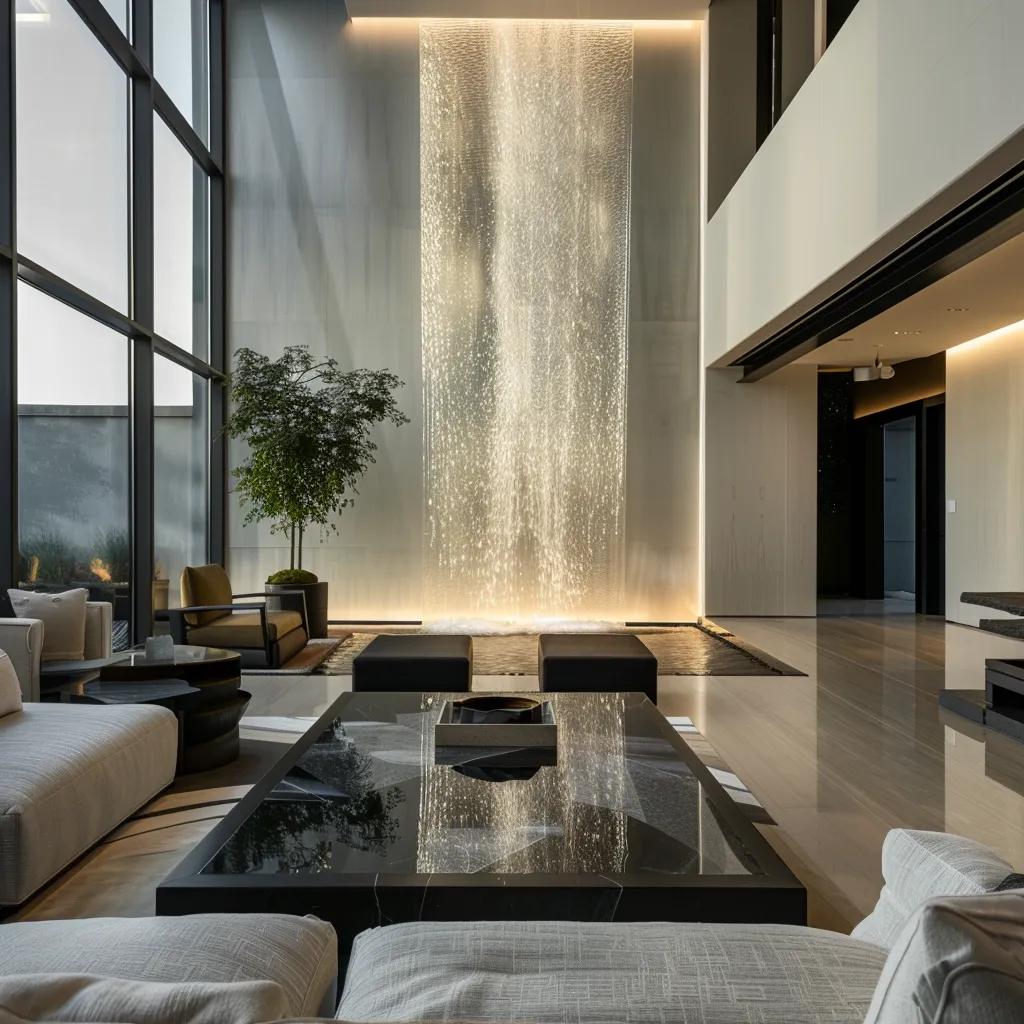 a stunning modern living room features a captivating indoor water display, with sleek glass accents reflecting soft led lighting, creating an elegant focal point against a backdrop of contemporary furnishings.