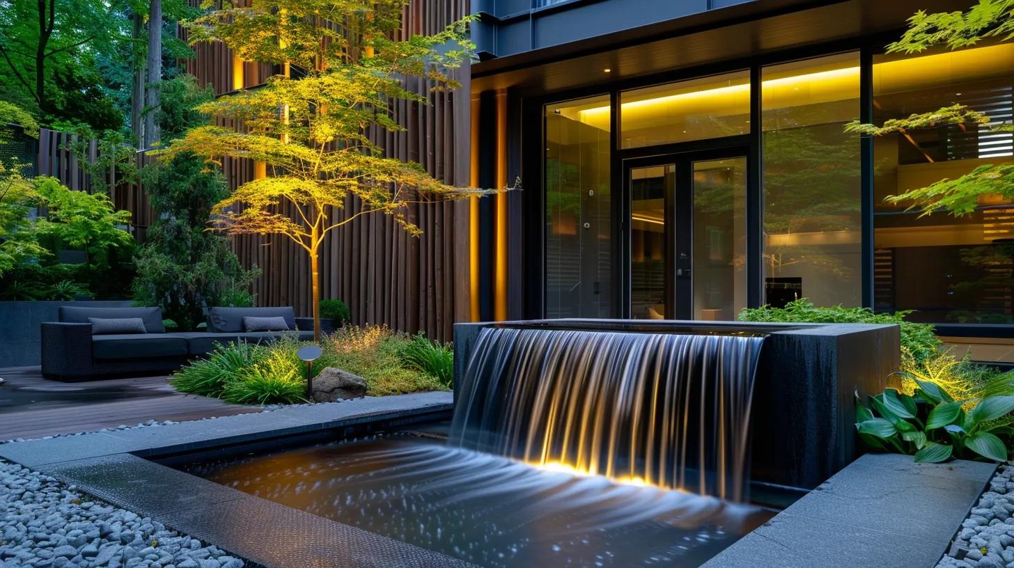 Transform Your Outdoors With a Decorative Waterfall Feature 4 a stunning modern outdoor pond waterfall fountain, elegantly designed with sleek lines and vibrant water flow, serves as a captivating centerpiece amidst a stylish patio setting, showcasing sustainable features and eco-friendly aesthetics.