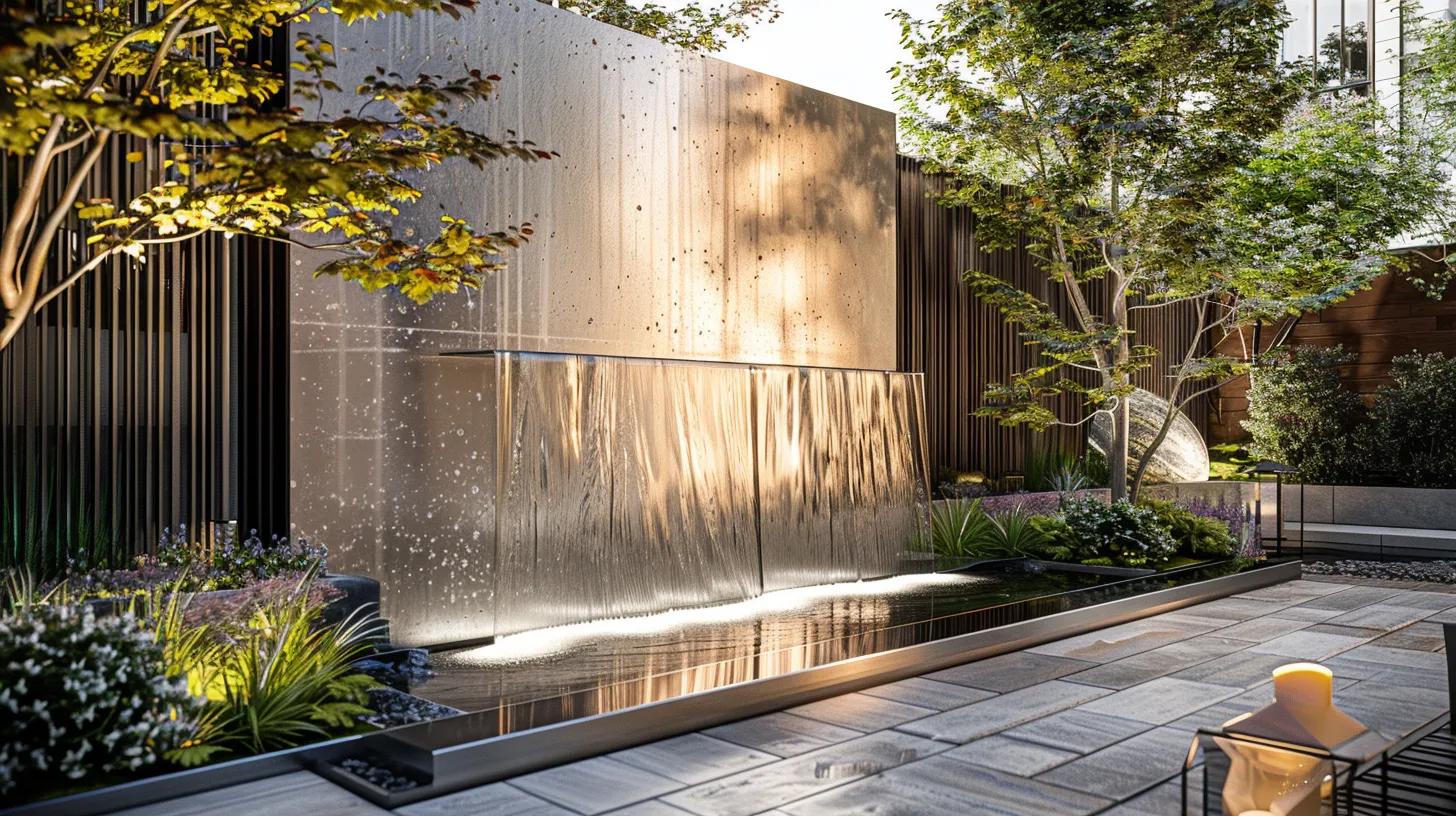 Artistic outdoor water wall featuring stainless steel and glass, surrounded by lush greenery and modern landscape design, enhancing tranquil ambiance.