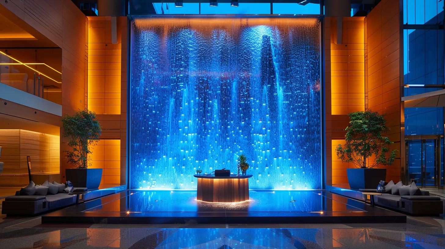 Bubble Wall Panel Ideas for Modern Interiors 1 a stunning showcase of a sleek, vertical bubble wall panel featuring illuminated water dynamics, set against an elegant modern hotel reception, highlighting the seamless integration of artistic design and advanced technology.