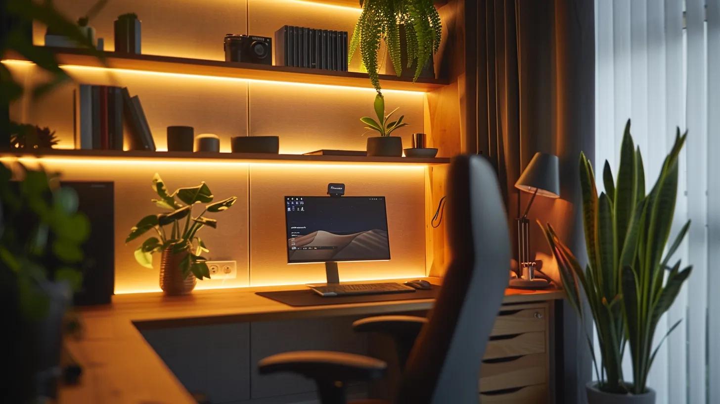 a stylish, modern home office features a sleek desk adorned with smart gadgets and minimalistic decor, bathed in warm ambient lighting that enhances productivity.