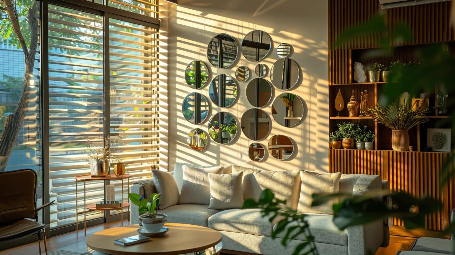 a stylish, modern living room features an eye-catching bubble mirror wall decor that reflects soft, ambient lighting, creating an elegant and inviting atmosphere.