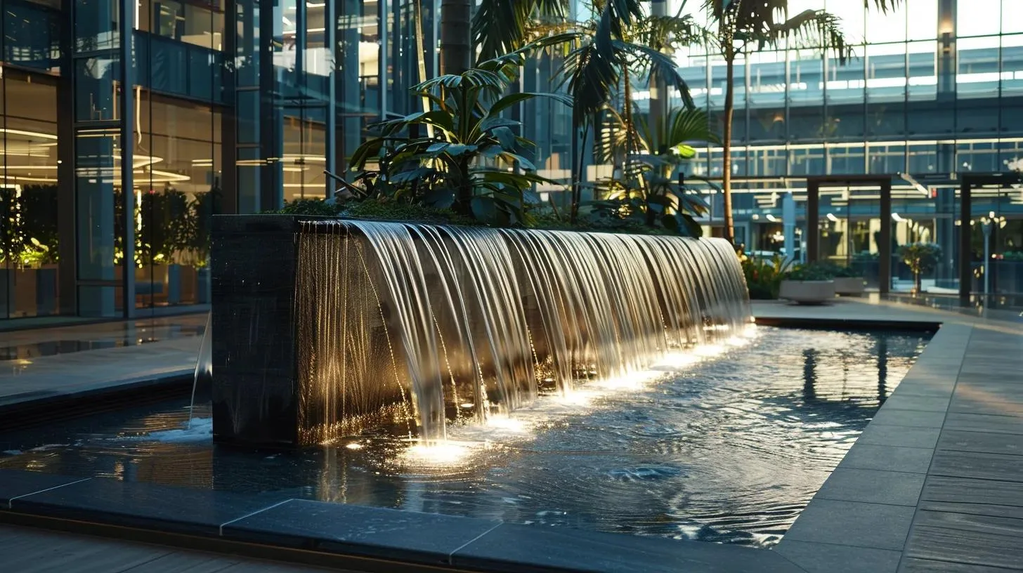 a tranquil corporate environment showcases a stunning indoor water feature, cascading crystal-clear water illuminated by soft, ambient lighting, embodying the seamless blend of nature and modern business engagement.