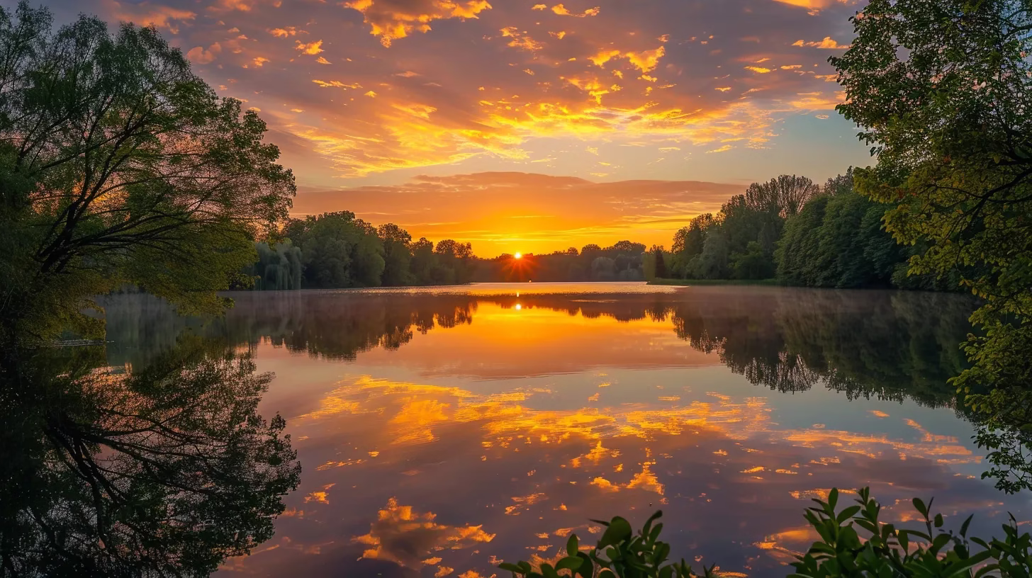 a tranquil sunrise casts a golden hue over a serene lake, reflecting the vibrant colors of the sky while lush trees frame the peaceful waters.