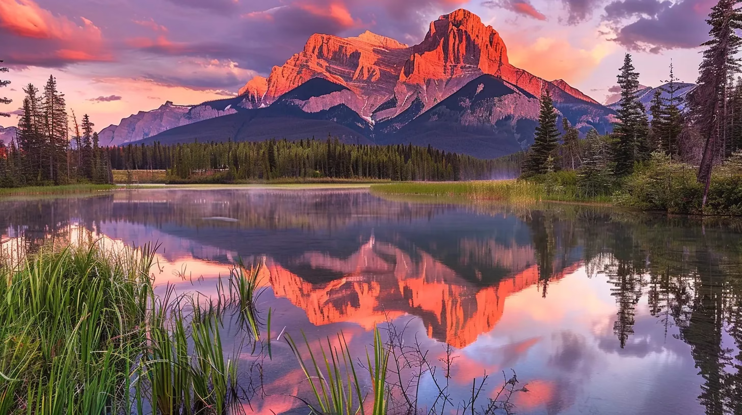 a tranquil twilight landscape unfolds, featuring a serene lake reflecting vibrant hues of pink and orange as the sun sets behind majestic mountains, evoking a sense of peace and natural beauty.