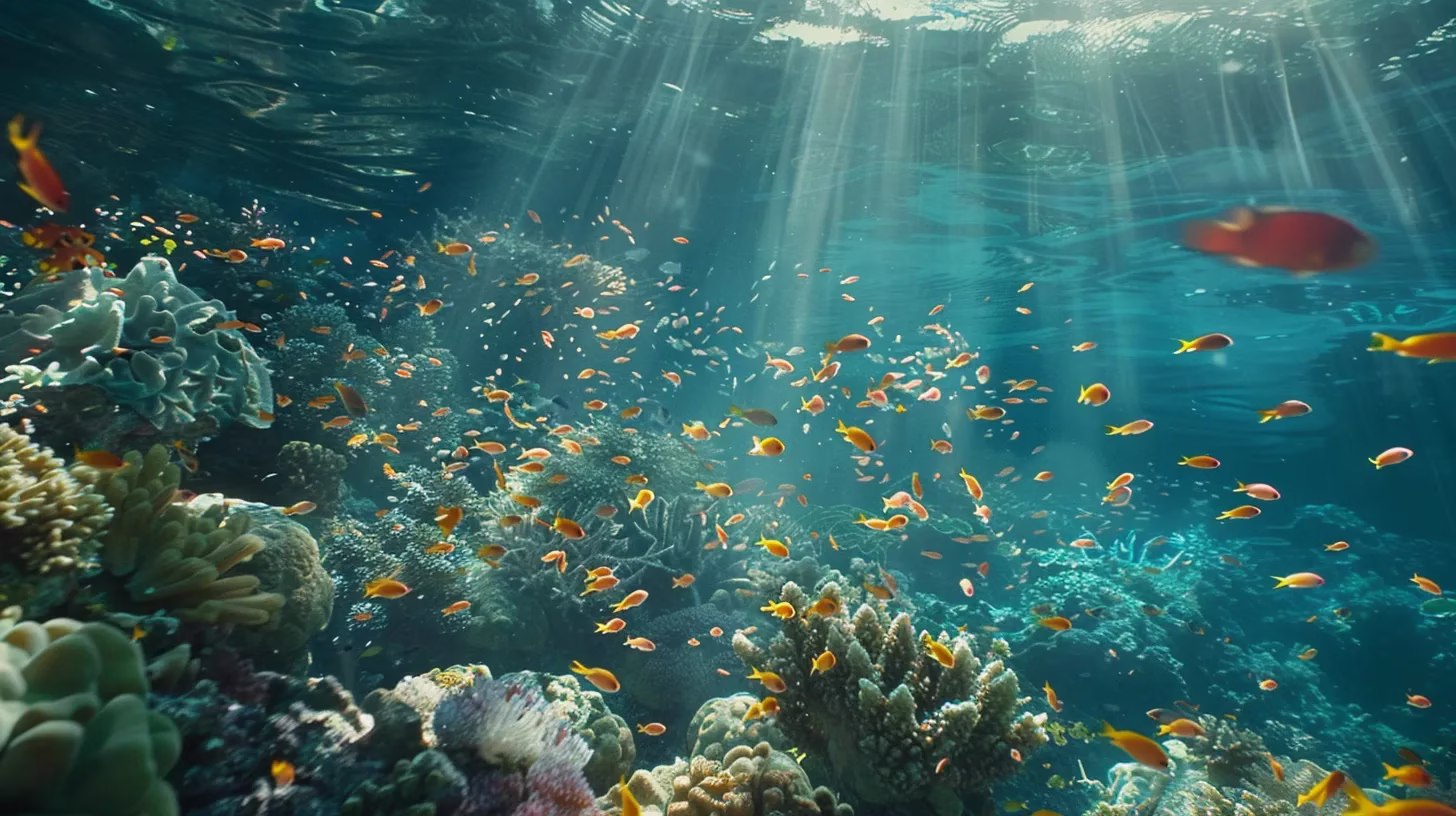a vibrant coral reef teeming with colorful fish glimmers under the crystal-clear turquoise water, illuminated by the warm sunlight filtering through the ocean's surface.