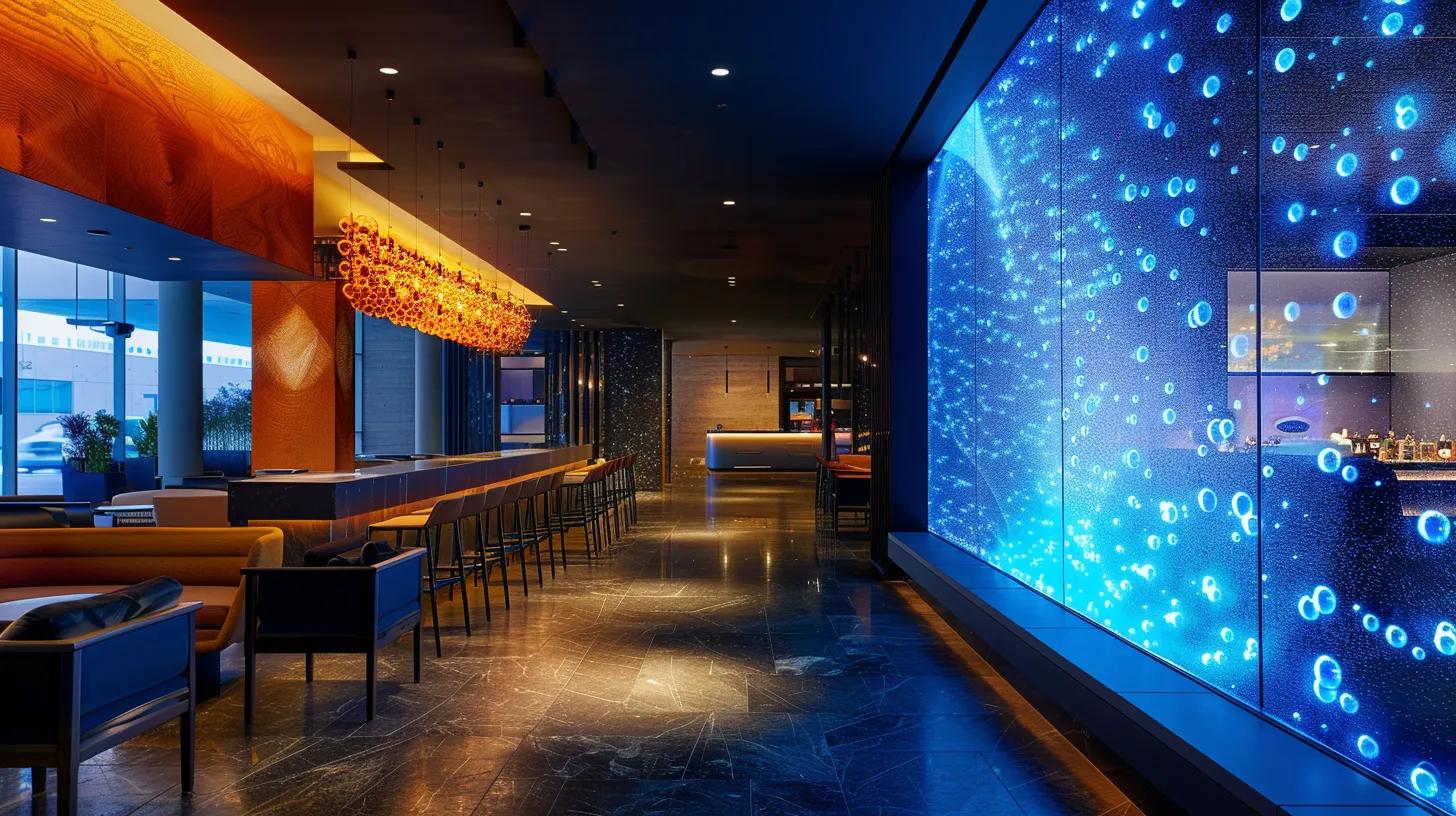 a vibrant led bubble wall radiates a mesmerizing display of illuminated bubbles in a sleek, modern urban lounge, casting dynamic reflections across the polished surfaces.