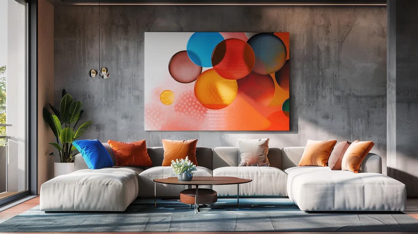 a vibrant, modern living space showcases an eye-catching bubble wall art as the focal point, emphasizing playful shapes and colors against a sleek, minimalist backdrop.