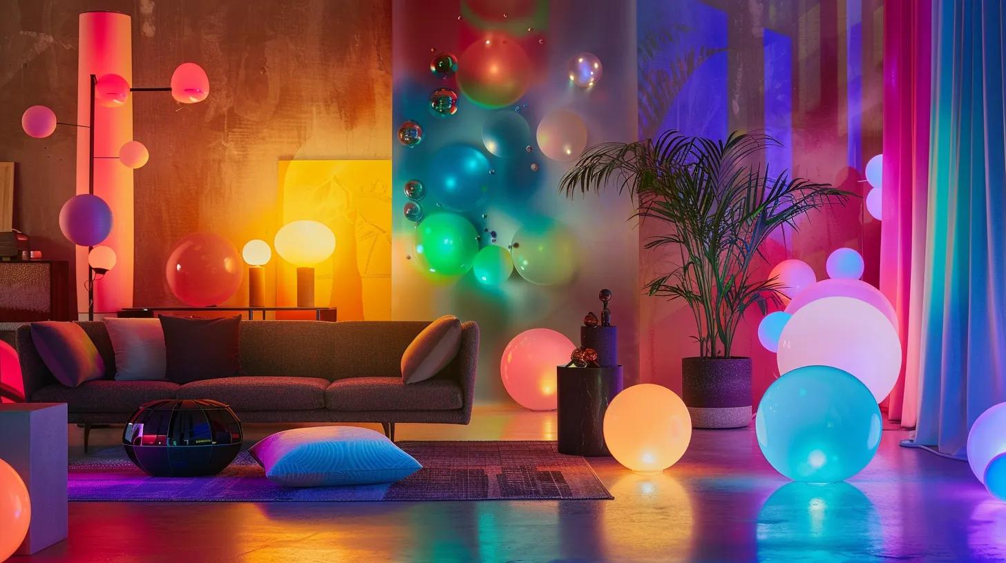 a vibrant, modern room is illuminated with an array of colorful bubble lights creatively arranged around stylish furniture, showcasing their versatility as a dynamic decorating element.