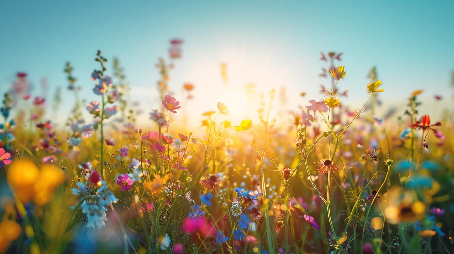 Enhancing Outdoor Serenity With Rain Fountain Designs 2 a vibrant, sun-drenched meadow bursts with colorful wildflowers, illuminated by golden rays filtering through a clear blue sky, evoking a serene sense of tranquility.