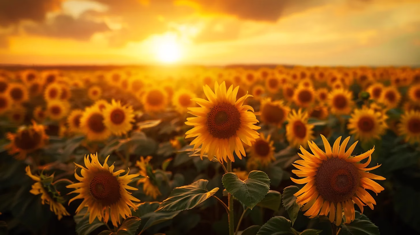 a vibrant sunflower field stretches under a golden sunset sky, with each bloom radiating warmth and vitality, capturing the essence of summer's beauty.
