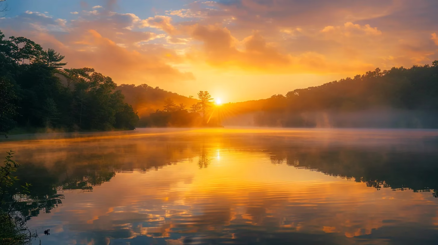 Understanding the Impact of Black Water on Ecosystems 4 a vibrant sunrise casts a golden hue over a tranquil lake, with mist rising from the water’s surface, reflecting the colorful sky and surrounded by lush, green forests.