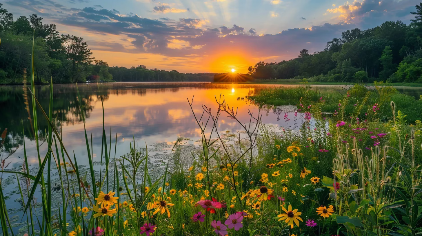 Create a Relaxing Ambiance With Square Water Features 6 a vibrant sunrise casts golden rays over a serene lake, reflecting the lush greenery and colorful wildflowers that frame the tranquil waters.