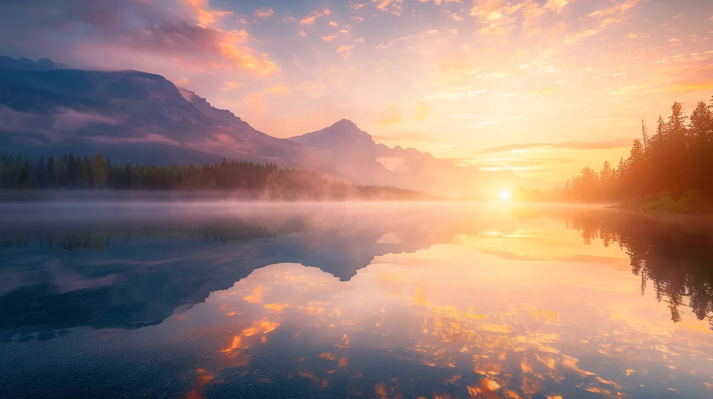 Designing a Rain Wall: Tips and Inspiration 6 a vibrant sunrise illuminates a serene lakeside landscape, with mist gently rising from the water and towering mountains reflecting in the glass-like surface, evoking a sense of tranquility and natural beauty.