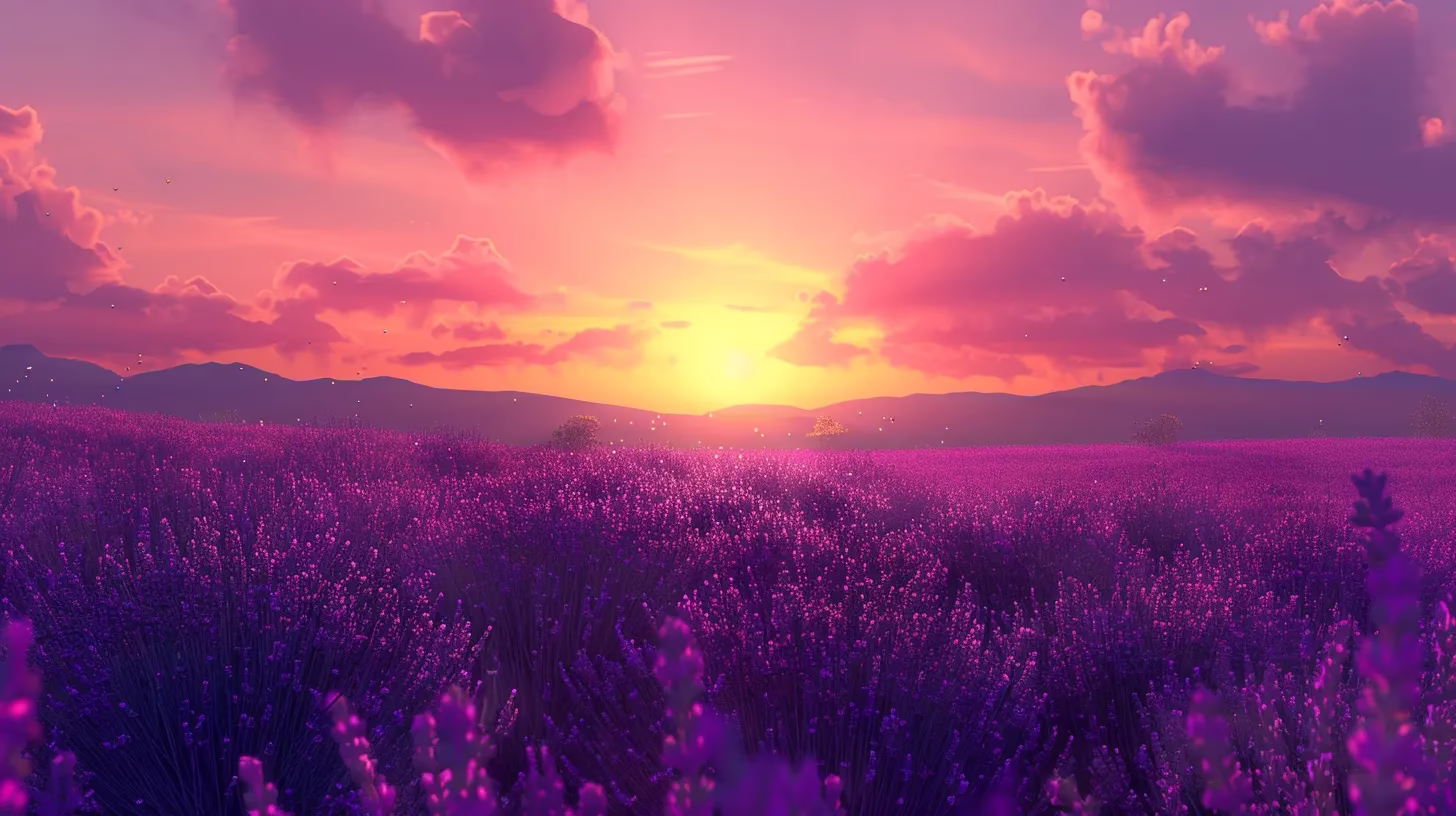 a vibrant sunset casting a golden glow over an expansive lavender field, creating a breathtaking contrast between the rich purples of the flowers and the warm hues of the sky.