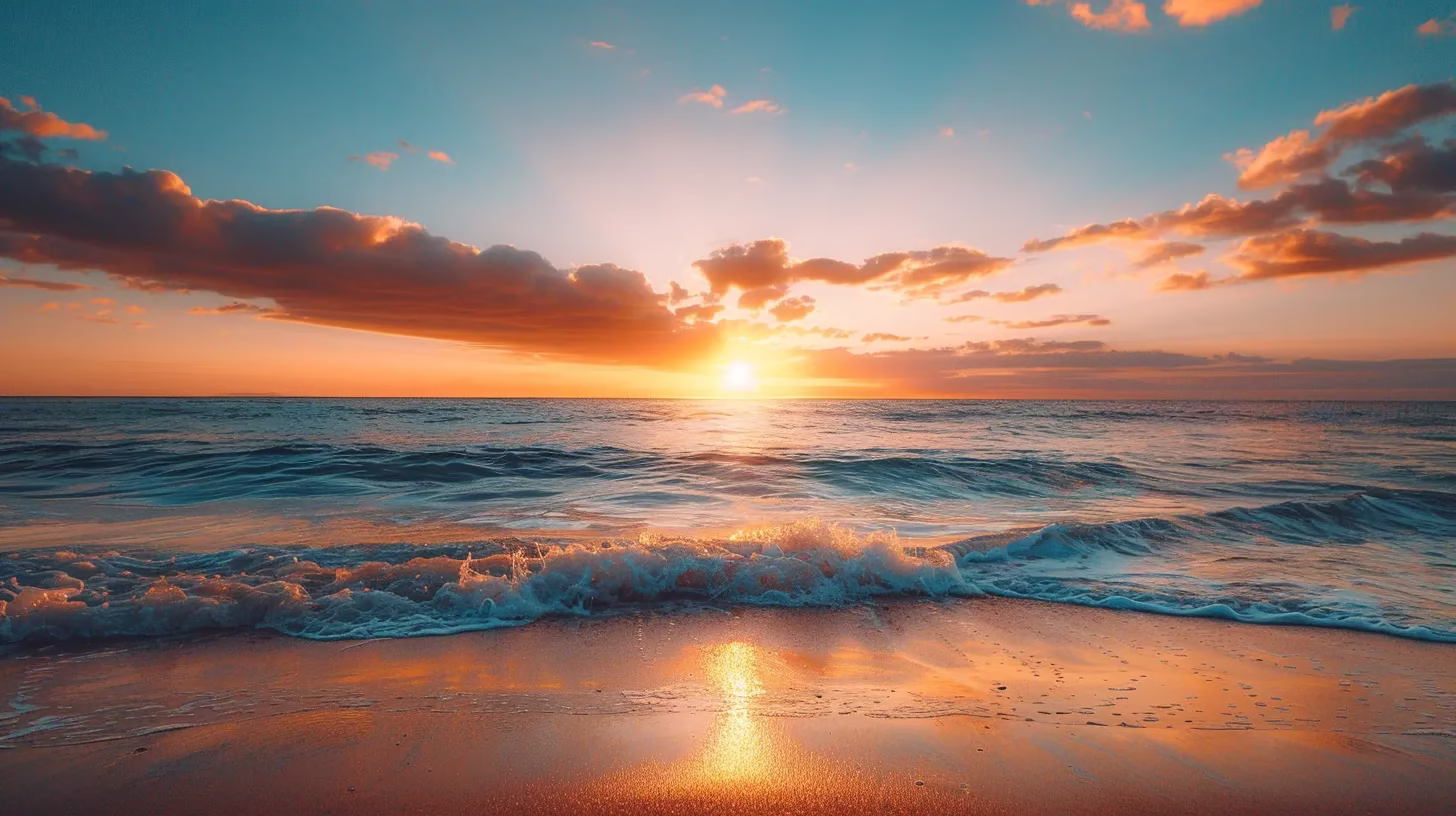 Enhance Your Yard With Beautiful Outdoor Waterfalls for Sale 5 a vibrant sunset casts a warm golden glow over a tranquil beach, where azure waves gently kiss the shore, creating a serene and inviting atmosphere.