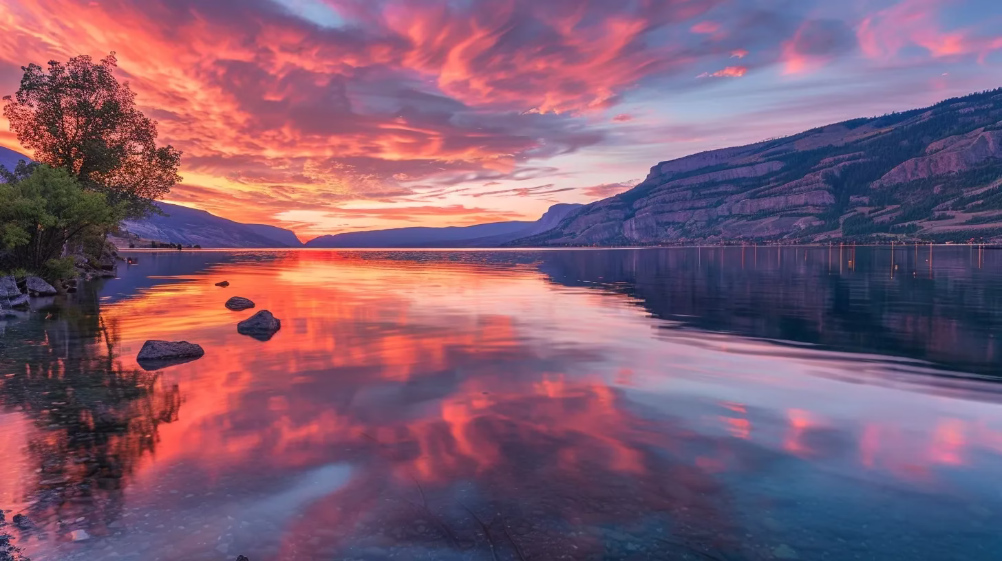 Transform Your Space With Exterior Water Features 6 a vibrant sunset casts a warm glow over a serene lake, where crystal-clear reflections of the colorful sky ripple gently across the water's surface.