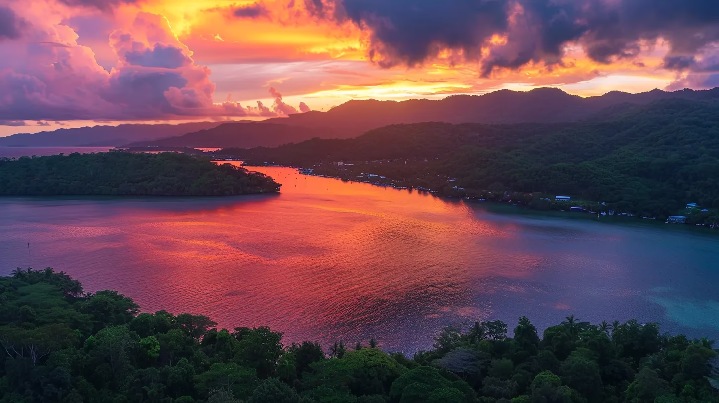 Seasonal Pool Water Care for Optimal Results 6 a vibrant sunset casts a golden glow over a tranquil lake surrounded by lush mountains, reflecting the fiery colors in the water.