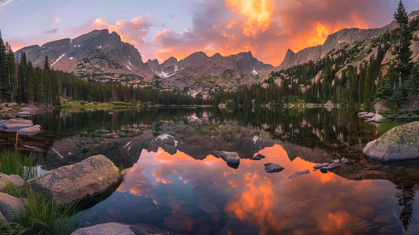 a vibrant sunset casts a golden glow over a tranquil lake, with towering mountains reflecting on the water's surface, creating a serene and breathtaking landscape.