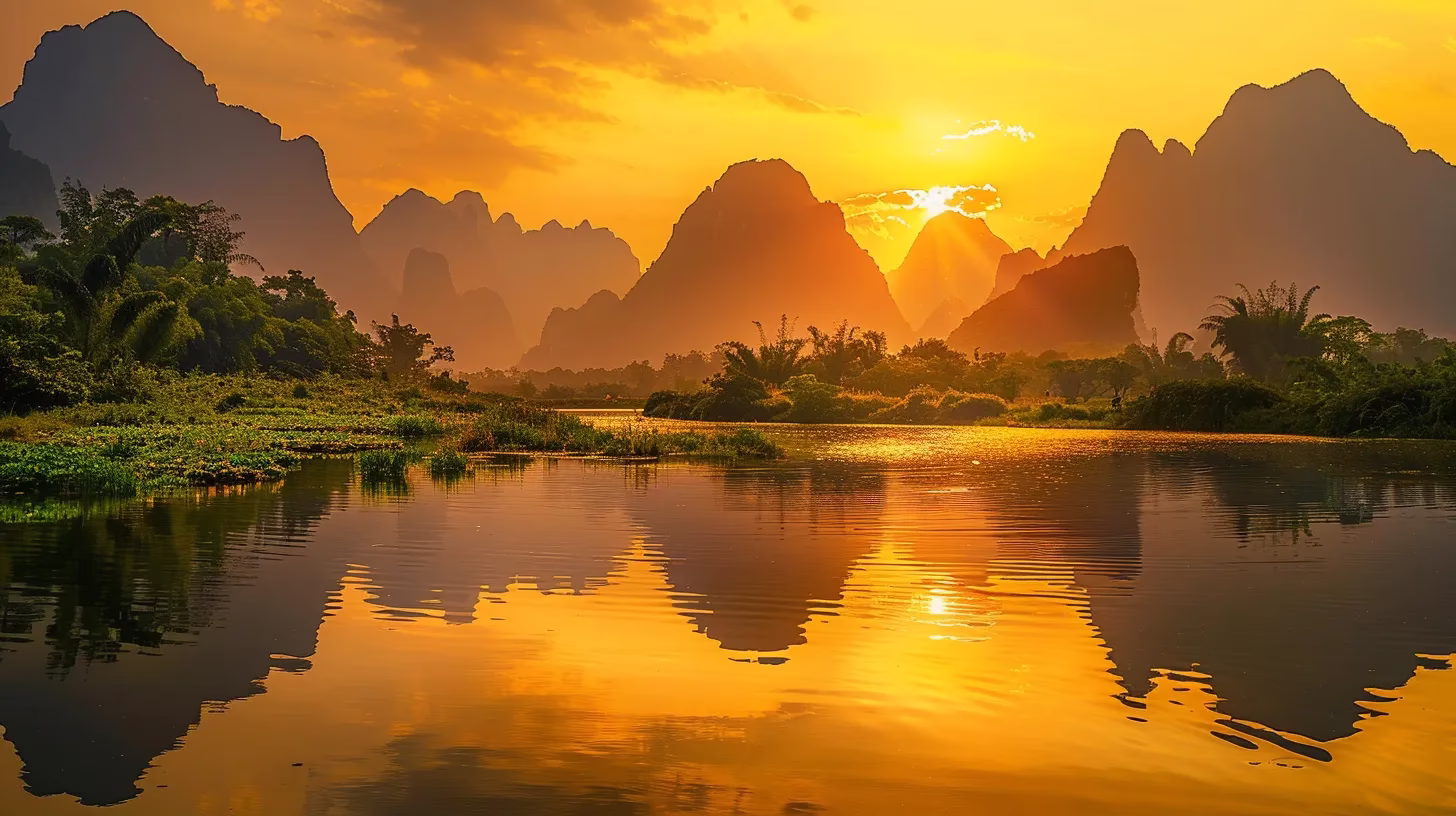 a vibrant sunset casts a golden hue over a tranquil lake, reflecting the silhouettes of towering mountains, creating a serene and breathtaking atmosphere.