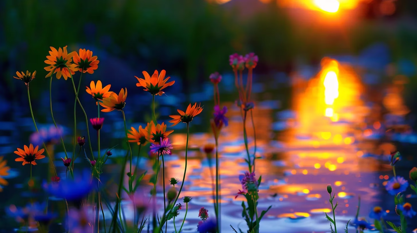 a vibrant sunset casts a golden glow over a serene lake, where vivid wildflowers bloom along the water's edge, reflecting the colorful sky in tranquil ripples.