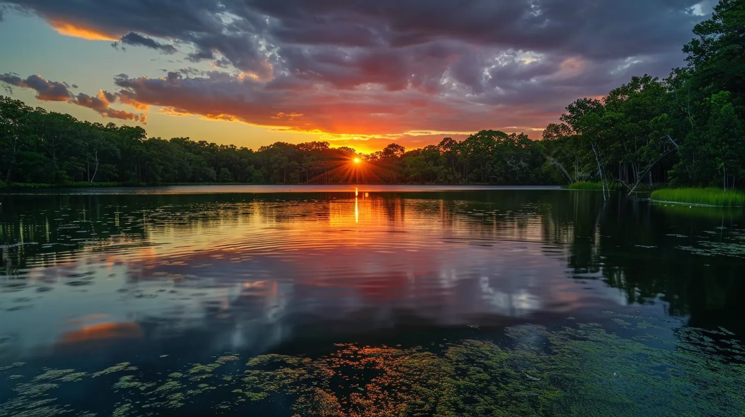 Creative Ways to Use Cheap Indoor Storage Solutions 4 a vibrant sunset casts a warm glow over a serene lake, reflecting the fiery hues of the sky on the tranquil water surface, surrounded by lush greenery.