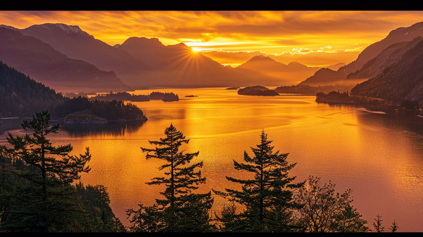 Tips for Designing a Garden Large Enough for Gathering 5 a vibrant sunset casts a golden hue over a tranquil lake, reflecting the silhouettes of surrounding mountains and lush pine trees in perfect harmony.