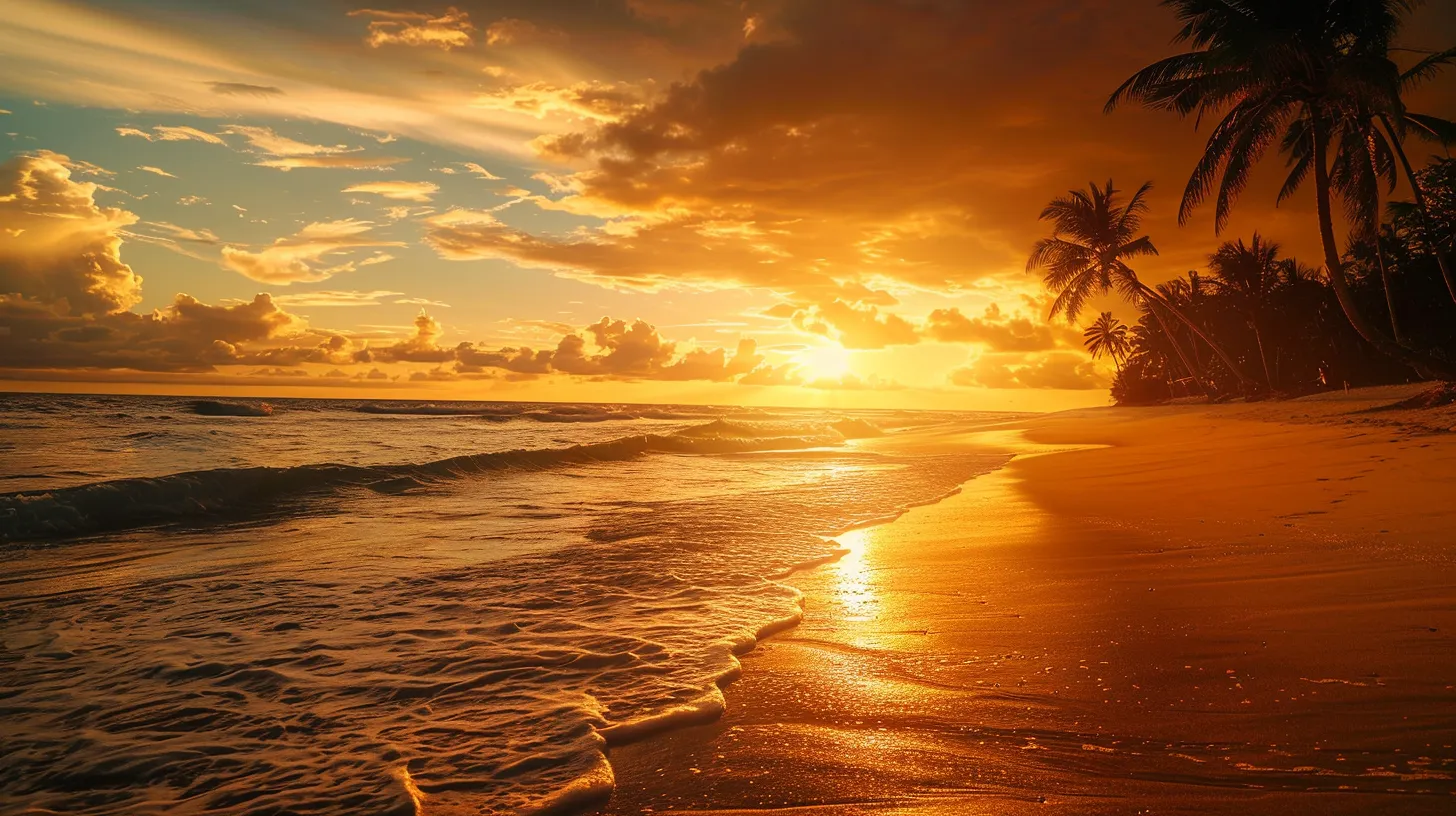 a vibrant sunset casts a warm golden glow over a tranquil beach, where gentle waves lap against the shore and silhouetted palm trees sway in the breeze, evoking a sense of serene bliss.