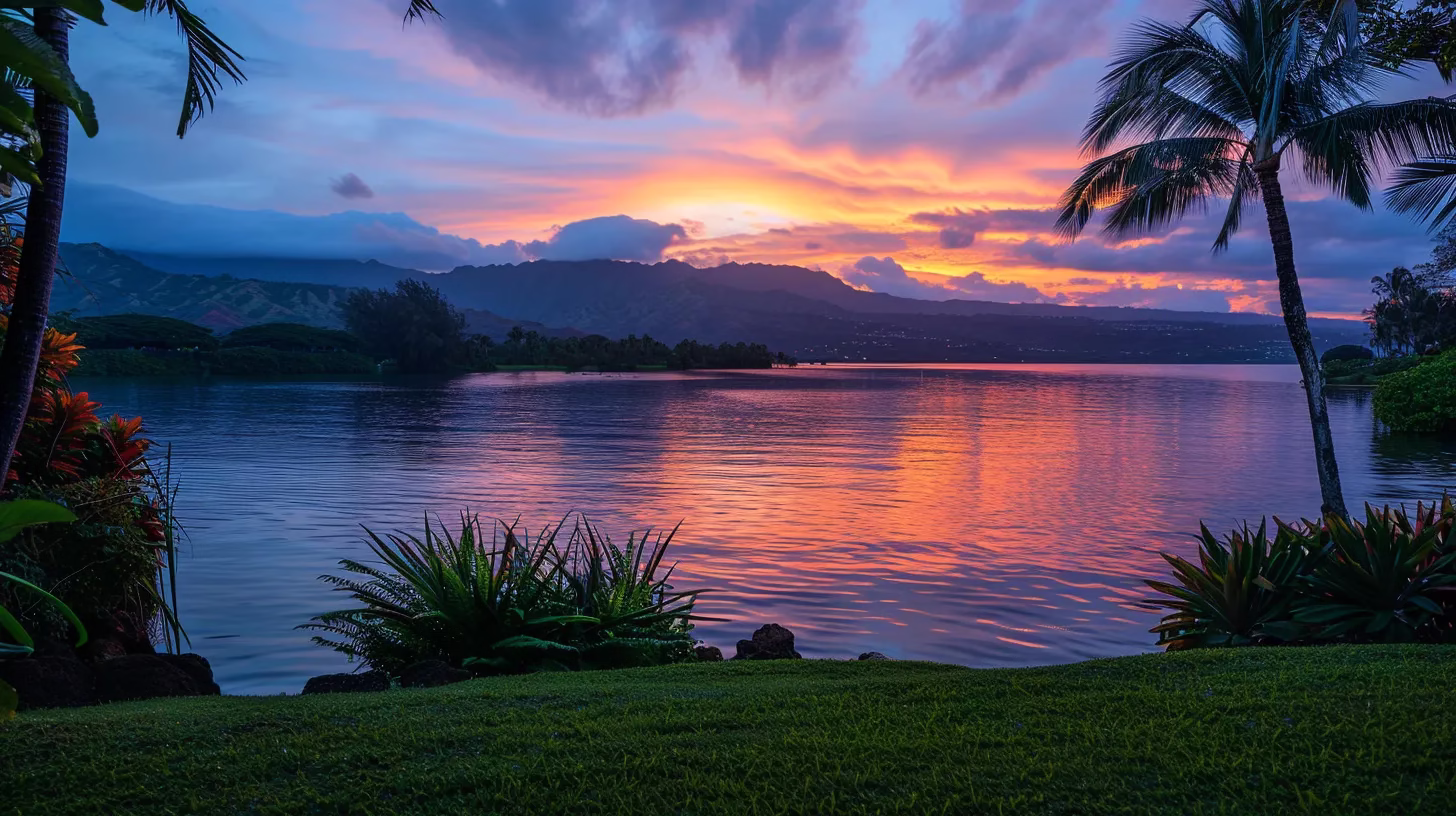 a vibrant sunset casts a warm glow over a serene lake, reflecting the brilliant hues of orange and pink, framed by lush greenery on the shore.
