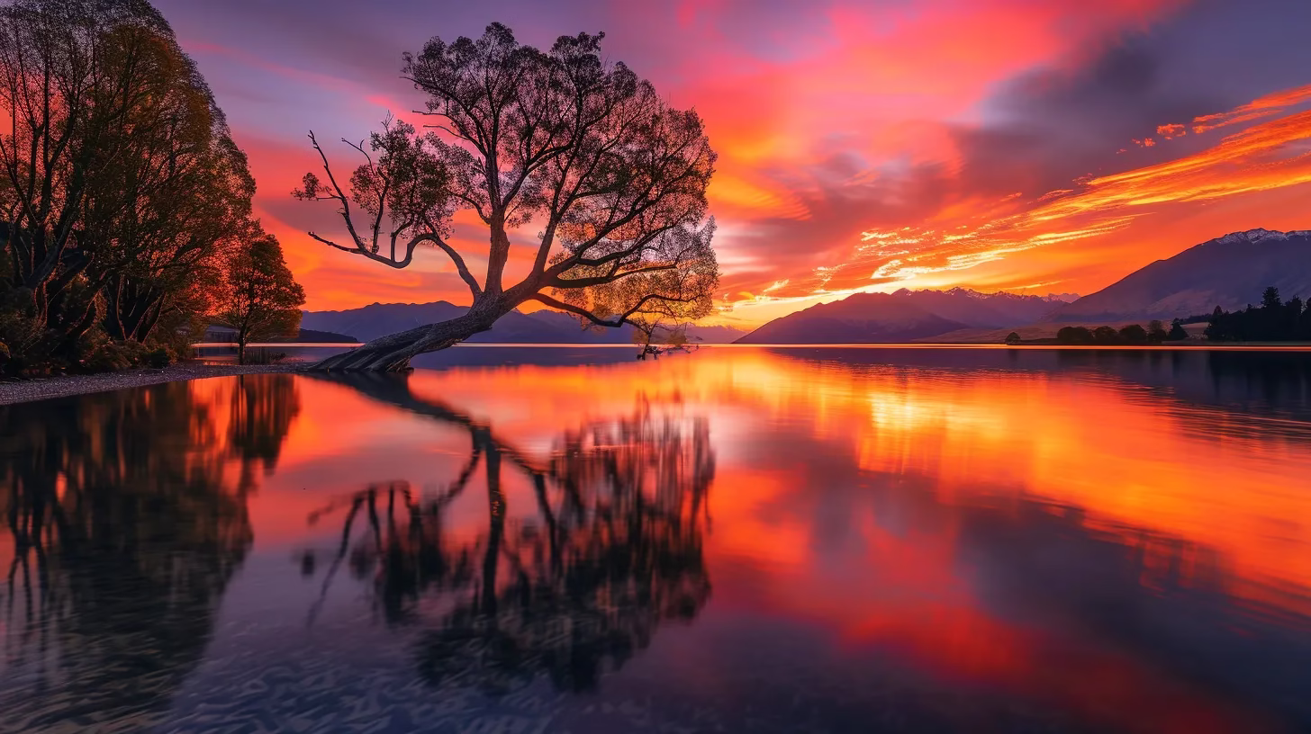 a vibrant sunset casts a warm golden hue over a tranquil lake, where towering silhouettes of ancient trees frame the reflection of the colorful sky on the shimmering water.