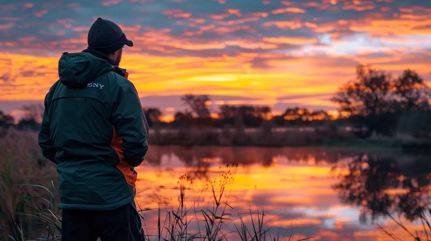 a vibrant sunset casts a golden hue over a serene lake, reflecting the colorful sky and silhouetted trees, creating a tranquil and harmonious landscape.