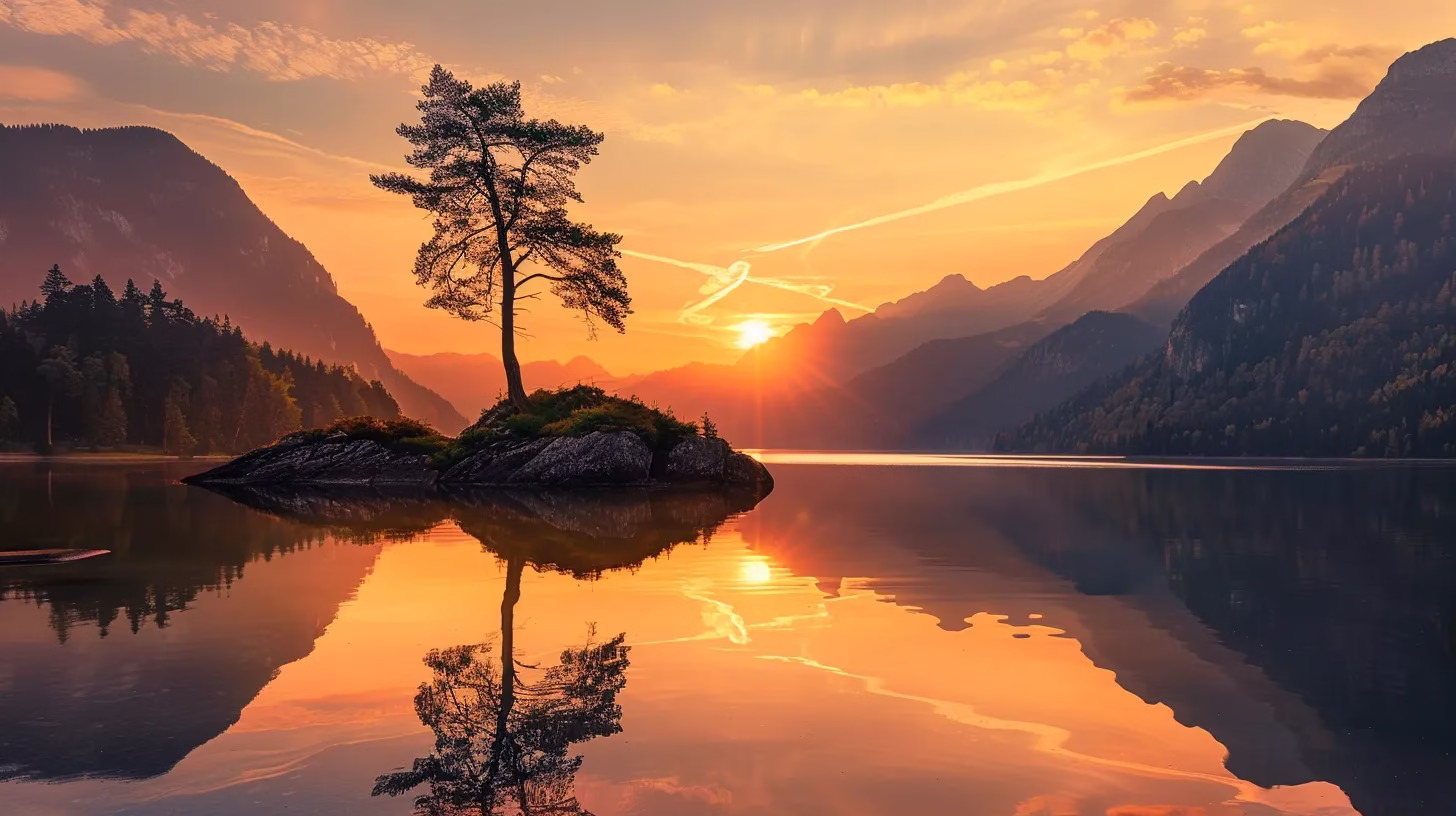 a vibrant sunset casts a golden hue over a tranquil lake, reflecting the silhouette of majestic mountains and a solitary pine tree on the water's edge, creating a breathtaking scene of nature's serenity.