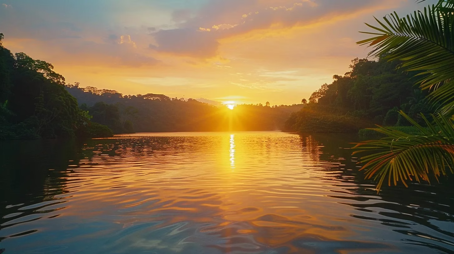 a vibrant sunset casts a warm golden hue over a serene lake, reflecting the colorful sky while lush greenery frames the tranquil waters, creating a peaceful and captivating atmosphere.