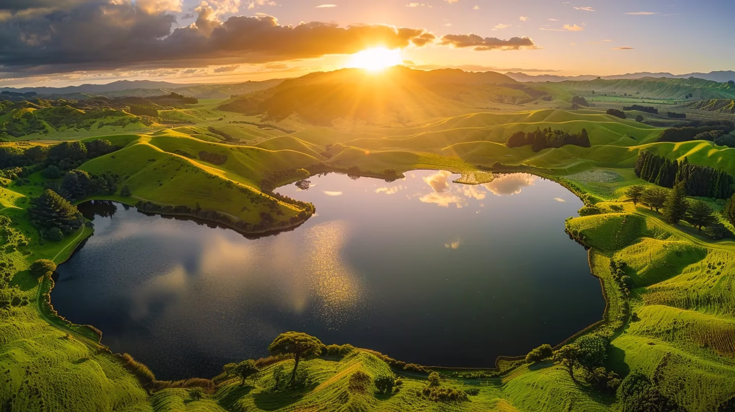 Exploring the Best Water Fountains Near Your Location 3 a vibrant sunset casts a warm golden hue over a tranquil lake, reflecting the surrounding lush green hills in its glassy surface.