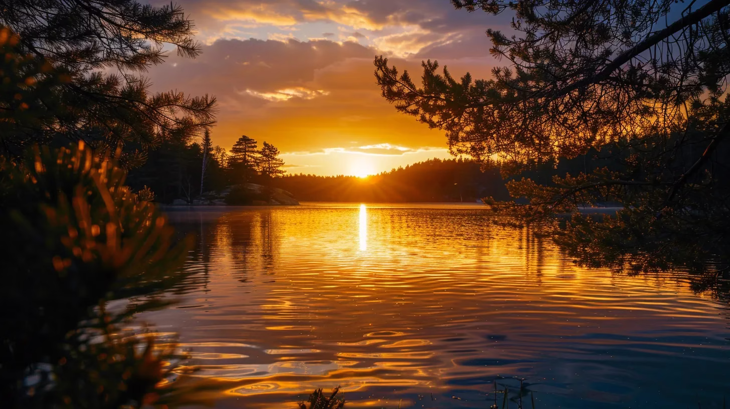 a vibrant sunset casts a golden glow over a tranquil lake, with silhouettes of tall pine trees framing the shimmering water, creating a serene and picturesque landscape.