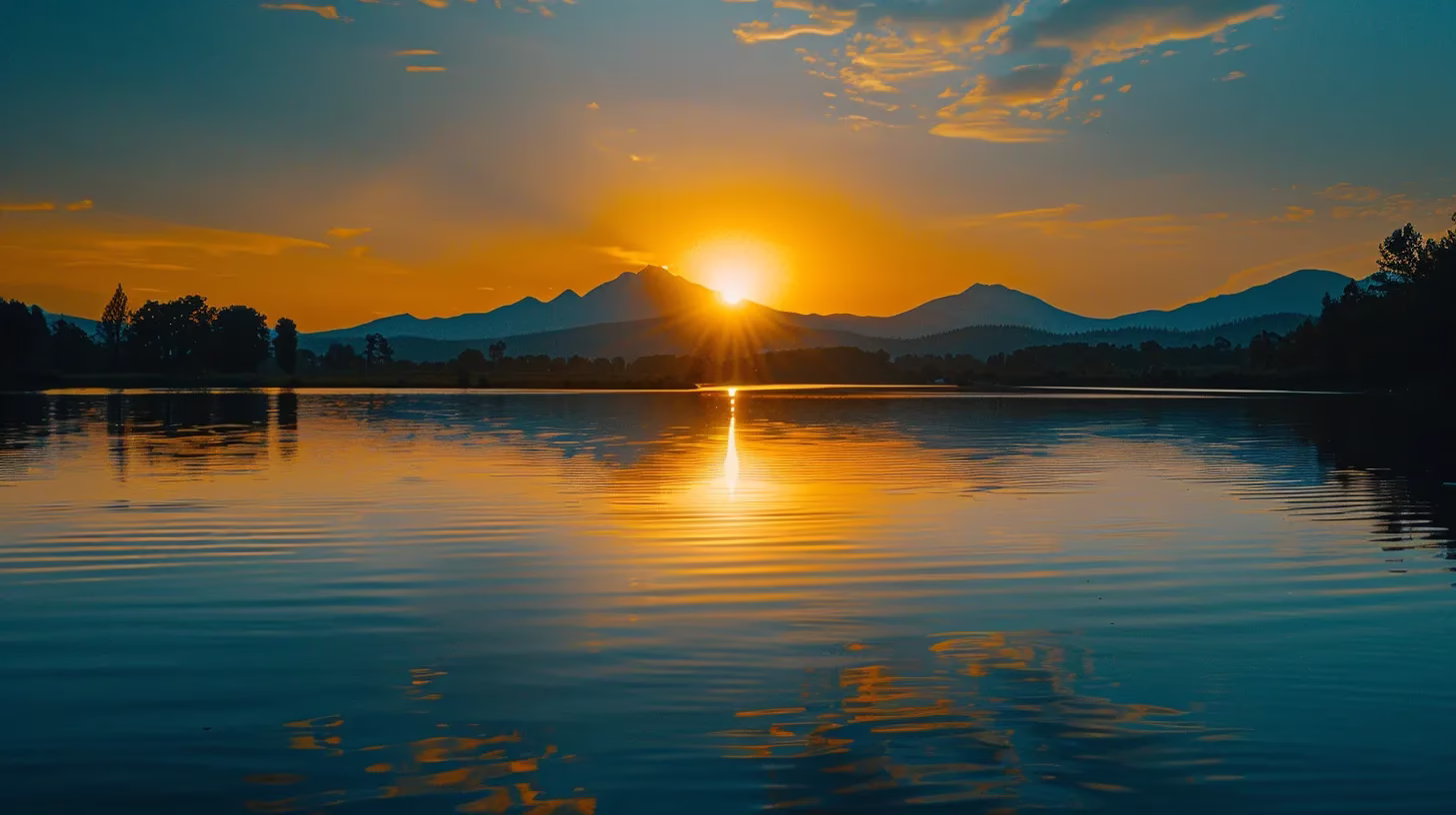 Creating Stunning Visuals With a Copper Garden Theme 6 a vibrant sunset casts a golden glow over a tranquil lake, where a solitary silhouette of a majestic mountain reflects perfectly on the water's surface, creating a serene and captivating atmosphere.