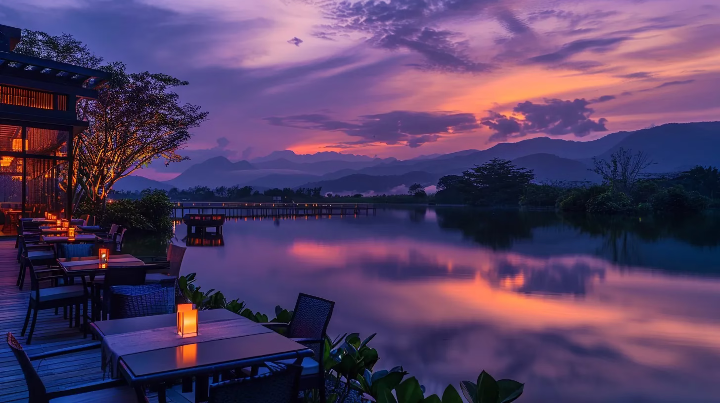 a vibrant sunset casts brilliant orange and purple hues over a tranquil lake, reflecting the serene beauty of the surrounding mountains.
