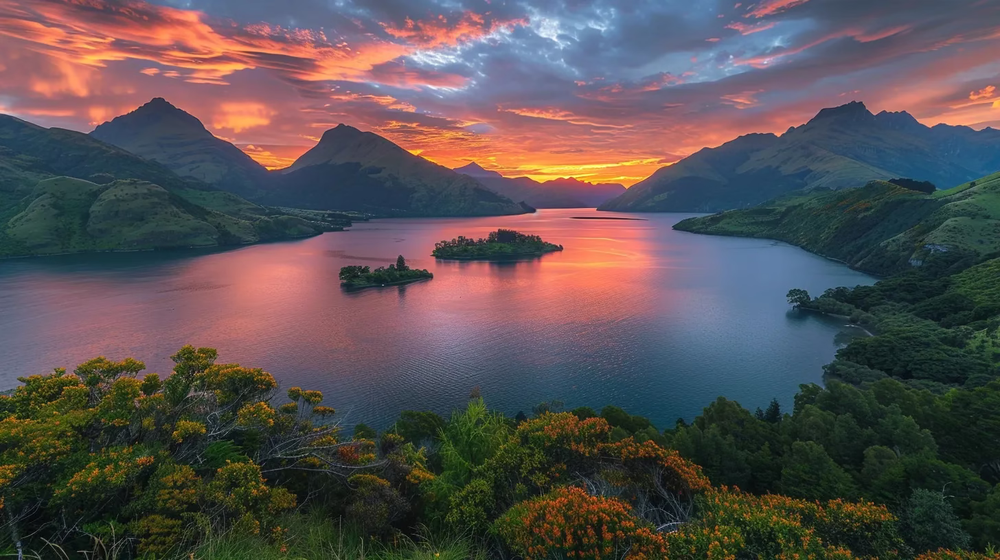 a vibrant sunset casts fiery orange and pink hues over a tranquil lake, reflecting the surrounding lush greenery and mountains, creating a serene and picturesque landscape.