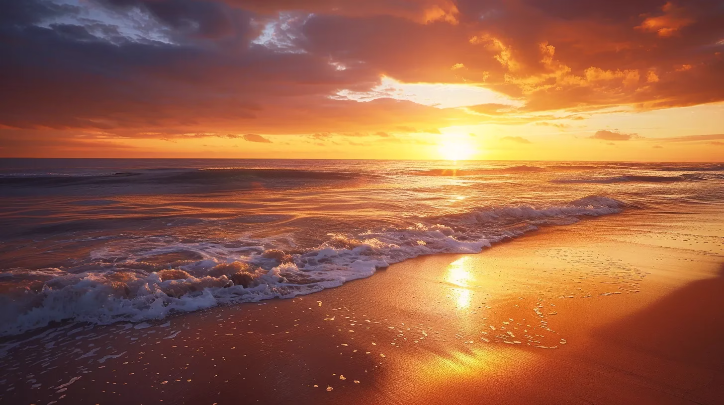 a vibrant sunset casts golden hues over a tranquil beach, where gentle waves lap at the shore, creating a serene atmosphere.