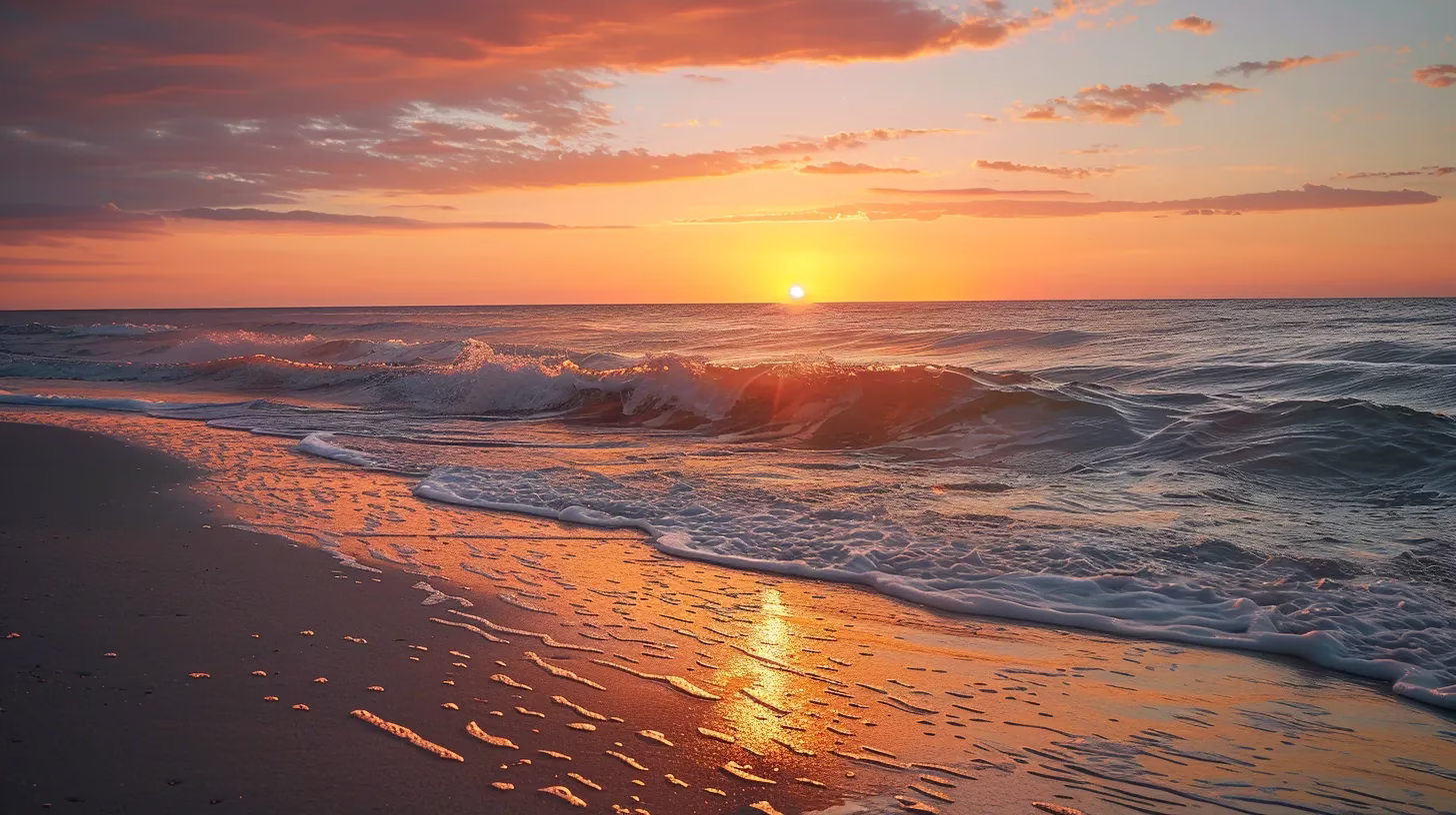 a vibrant sunset casts golden hues over a tranquil beach, where gentle waves lap at the shore, creating a serene atmosphere that invites reflection and peace.