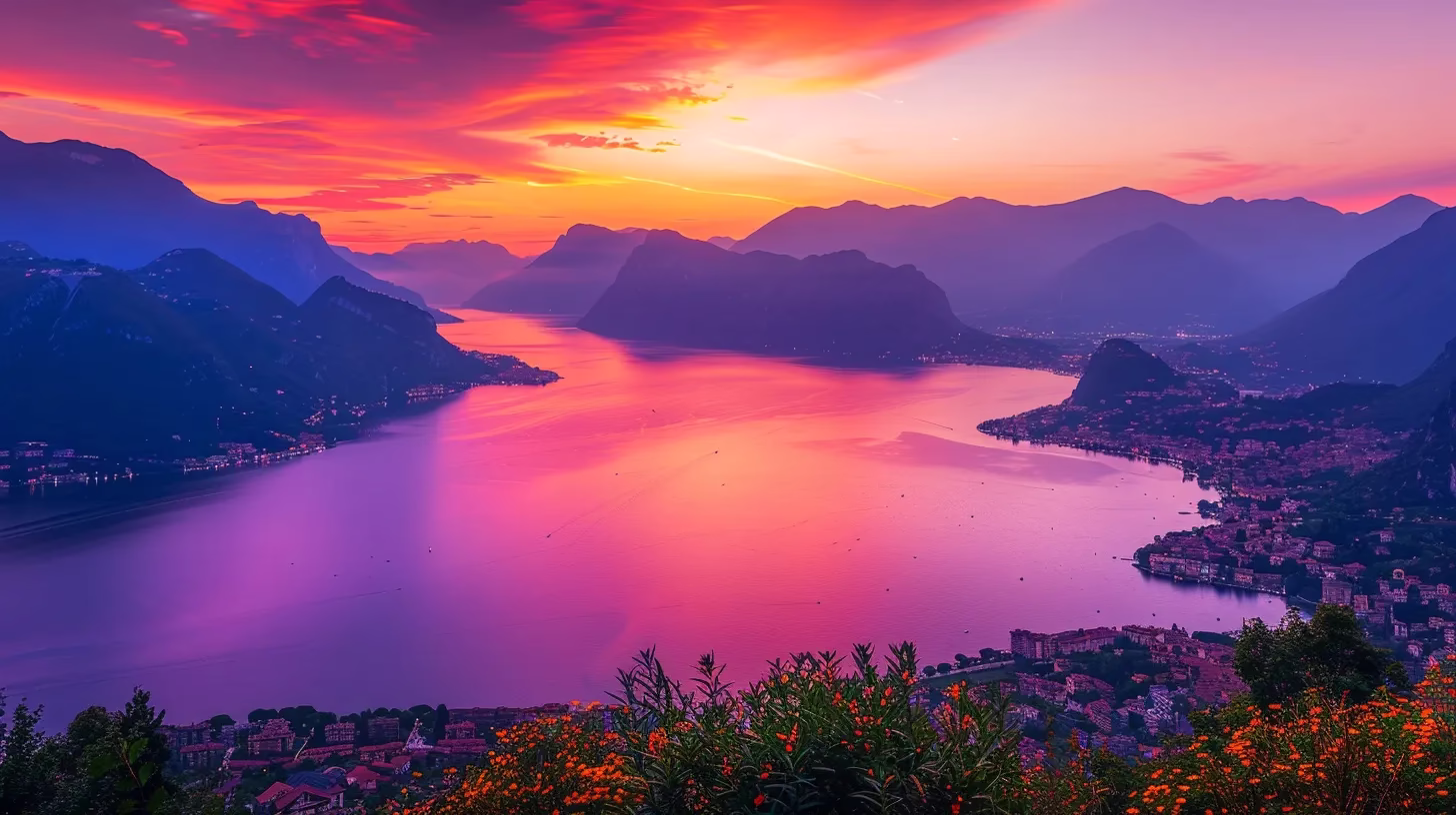 a vibrant sunset casts golden rays over a calm lake, reflecting the brilliant hues of orange and purple sky, surrounded by silhouetted mountains that evoke a sense of tranquility and wonder.