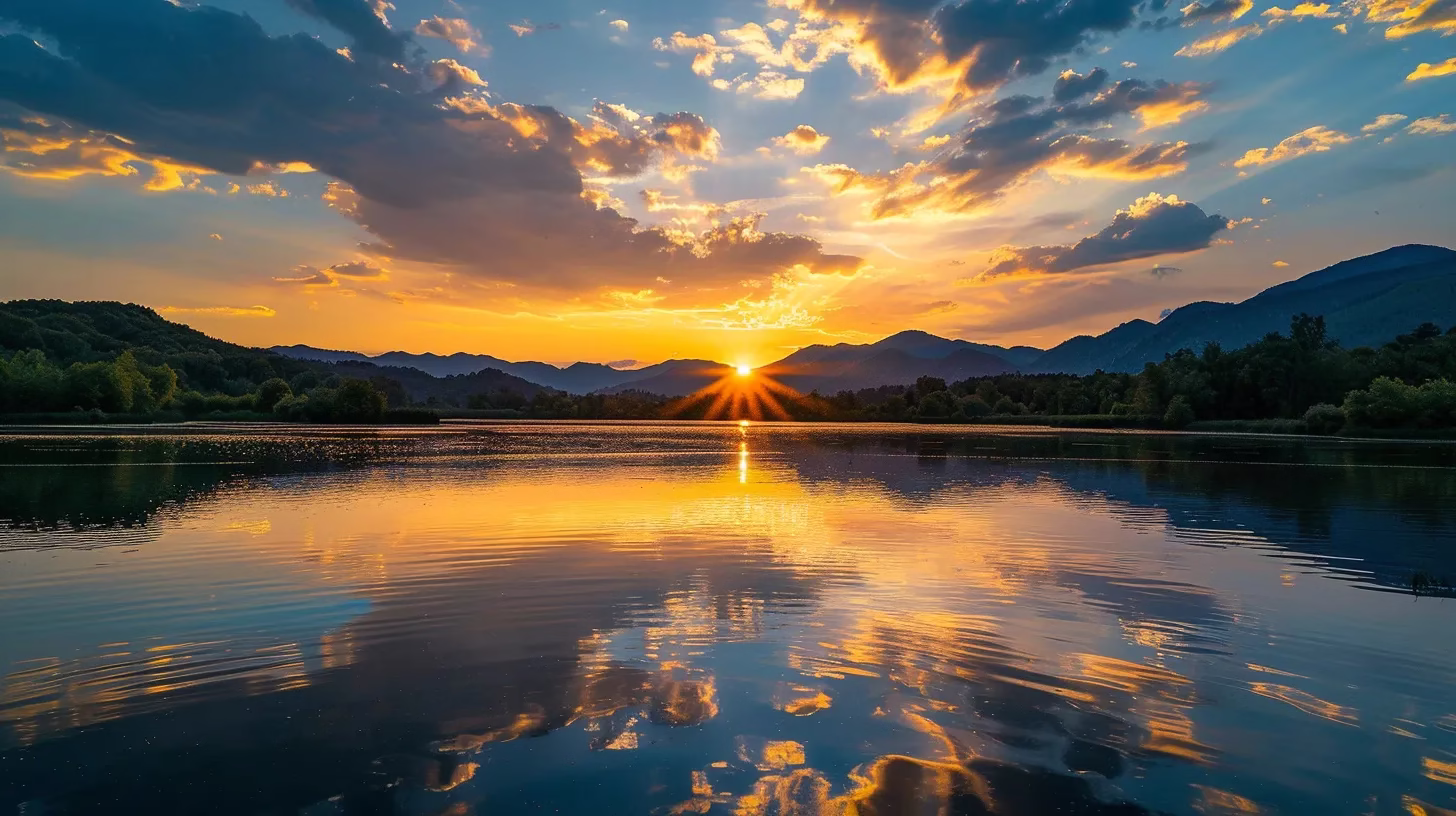 a vibrant sunset casts golden hues over a tranquil lake, reflecting the silhouetted outlines of lush mountains and a sky filled with swirling clouds.