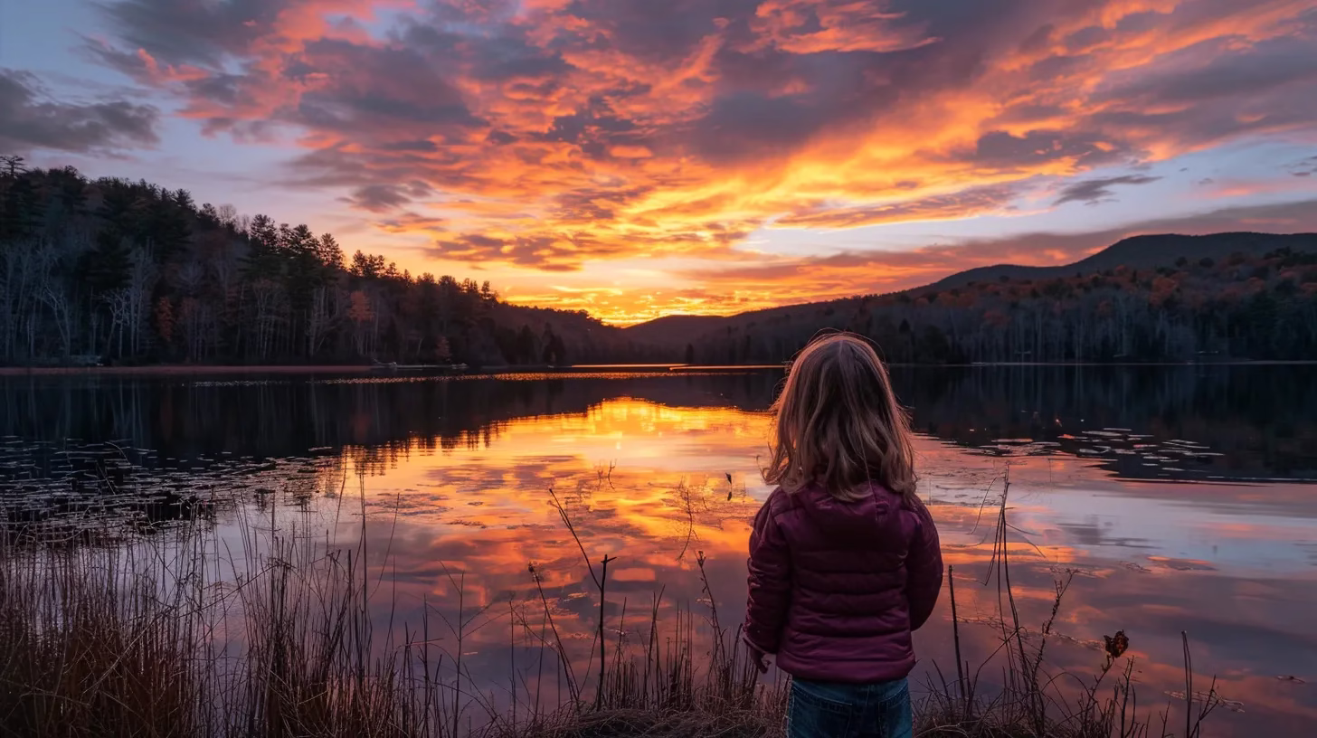 a vibrant sunset casts golden hues over a serene lake, reflecting the dramatic silhouettes of towering mountains against a painted sky.