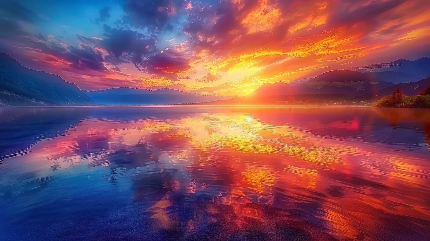 a vibrant sunset casts golden hues over a serene lake, creating a breathtaking reflection of the colorful sky on the calm water's surface.