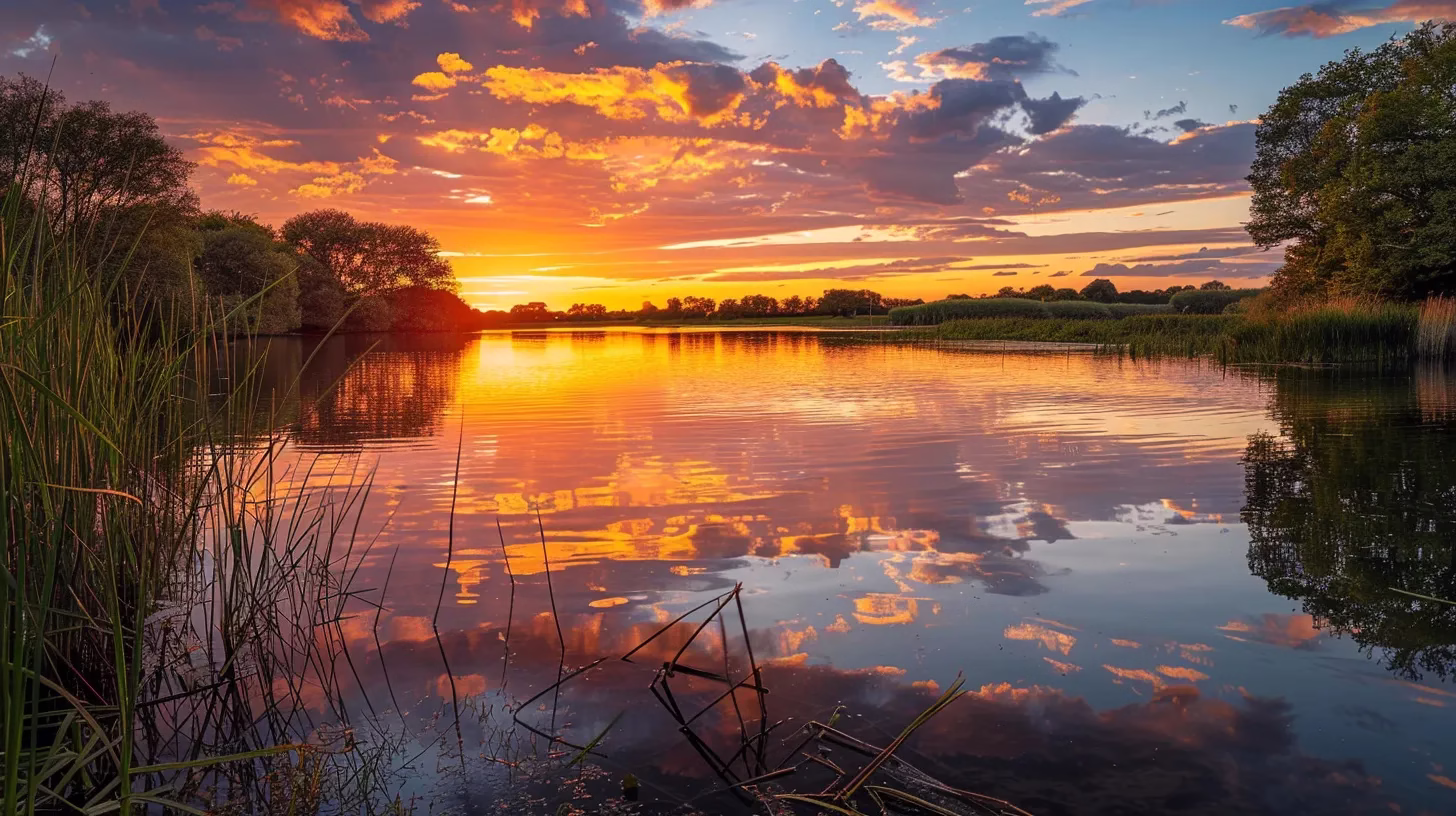 a vibrant sunset casts warm hues over a tranquil lake, with mirrored reflections creating a serene atmosphere that evokes a sense of peace and wonder.