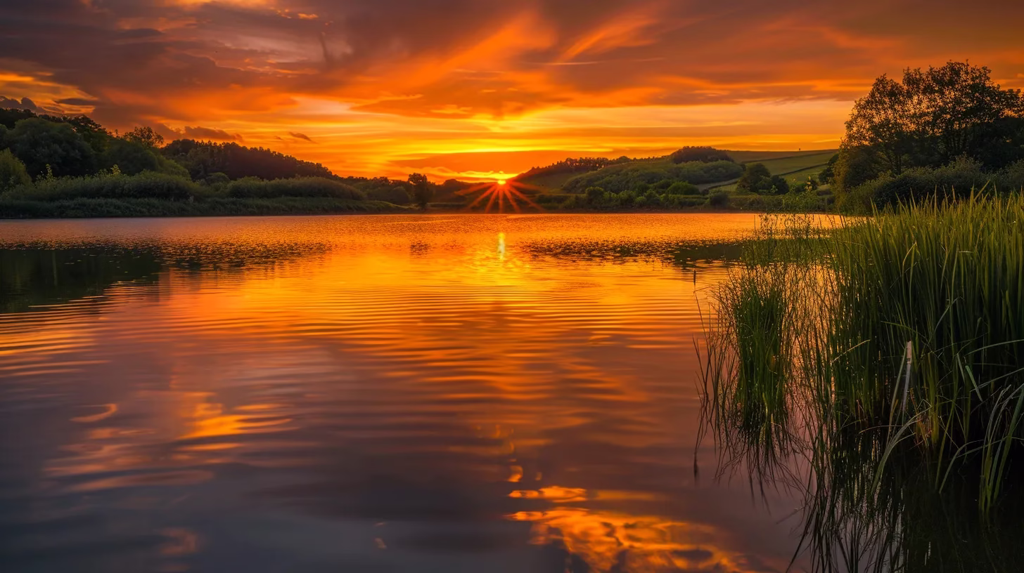 a vibrant sunset illuminates a tranquil lake, casting golden reflections across the still water and enveloping the landscape in a warm, ethereal glow.